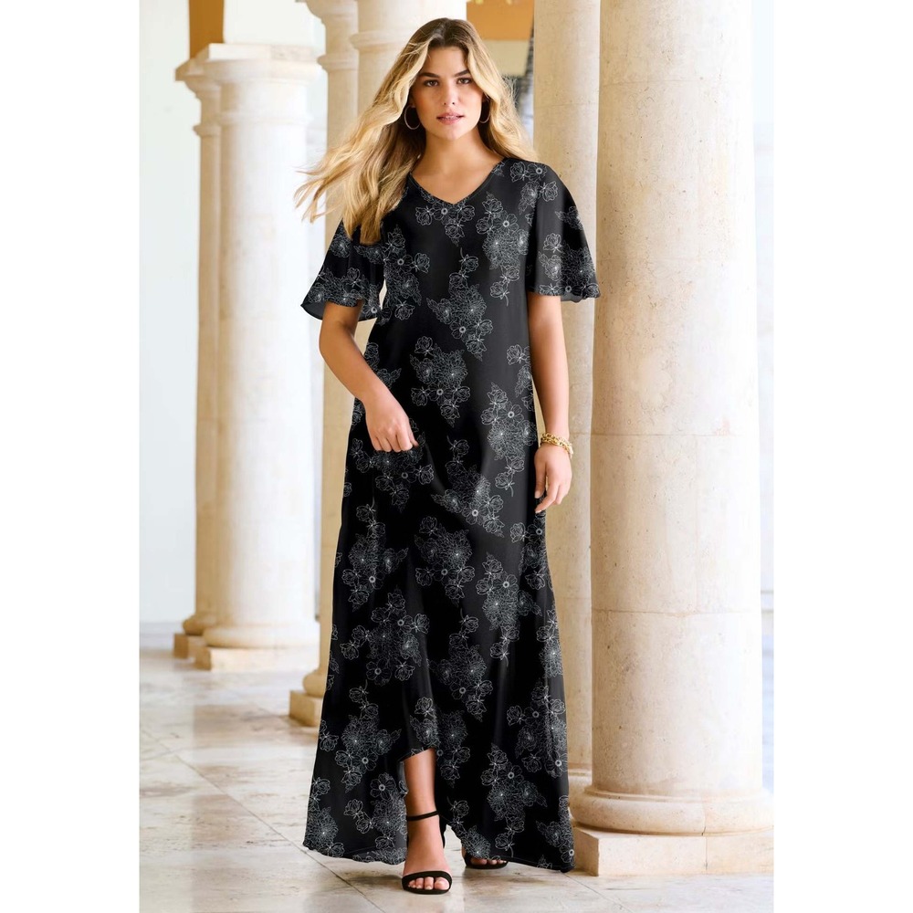 $99 PLUS 42/44 6X PETITE ROAMAN'S Black White Floral maxi dress rayon bouquet SS